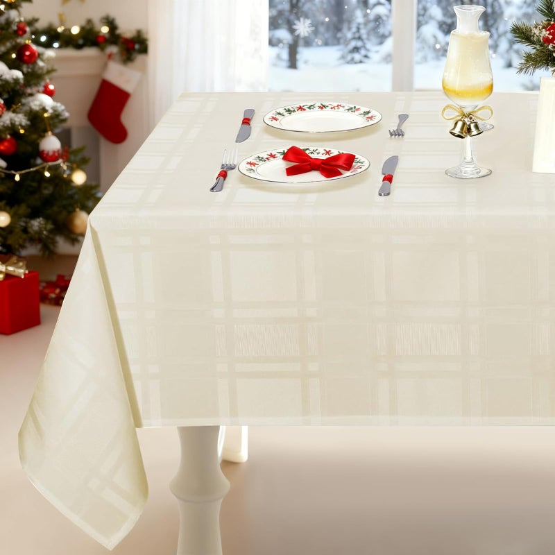 JUCFHY Soild Plaid Jacquard Table Cloth Elegance Wrinkle Resistant Contemporary Woven Decorative Tablecloths, Spillproof Soil Resistant Holiday Table Cover, 60 X 144, Beige - Image 1